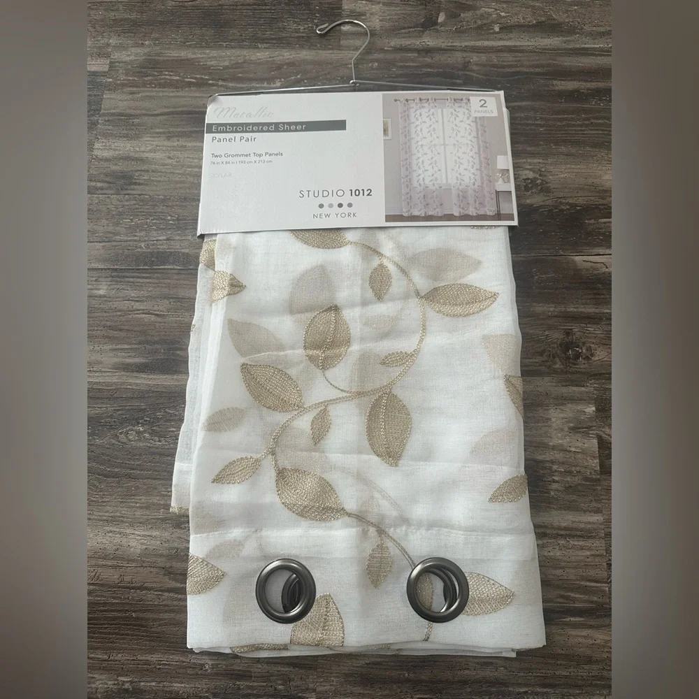 Studio 1012 Embroidered Sheer White Metallic Gold Leaf Curtains 76”x84”